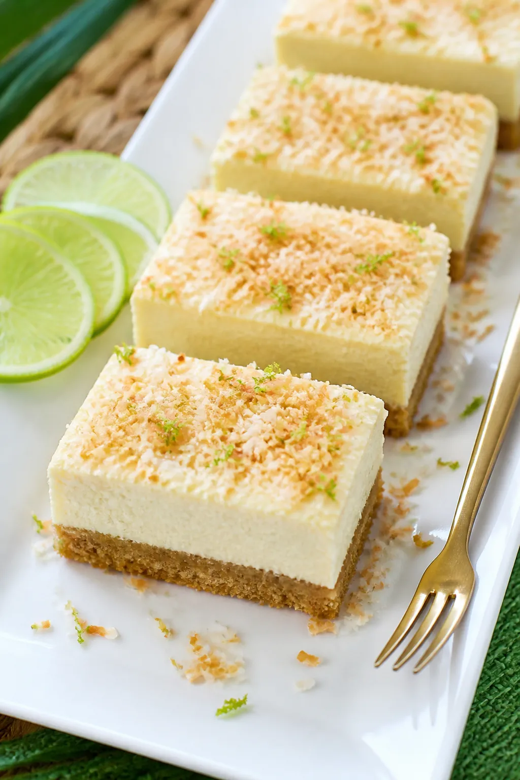 Close, top-down slice shot of plated skinny coconut cheesecake bars: clean, sharp cuts showing disti
