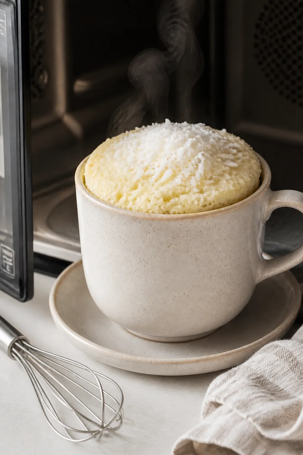 Close-up cooking process: Vanilla Coconut Cottage Cheese Mug Cake rising in a 12-ounce ceramic mug i