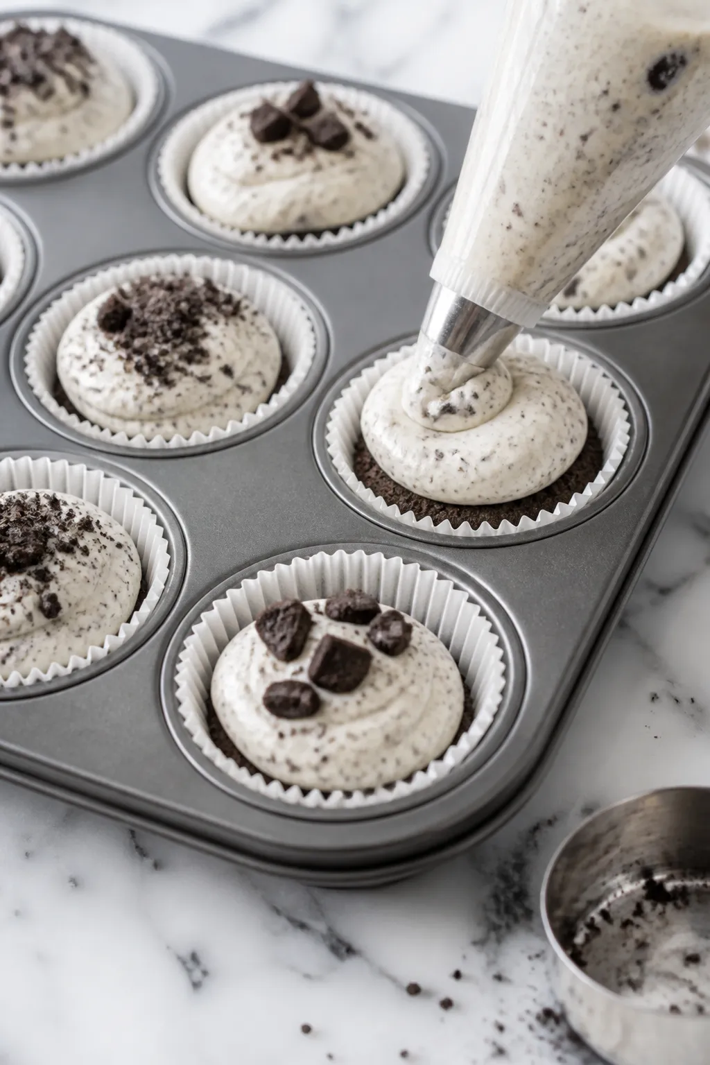 Close-up detail and process shot: No bake mini Oreo cheesecakes being filled in a lined 12-cup muffi