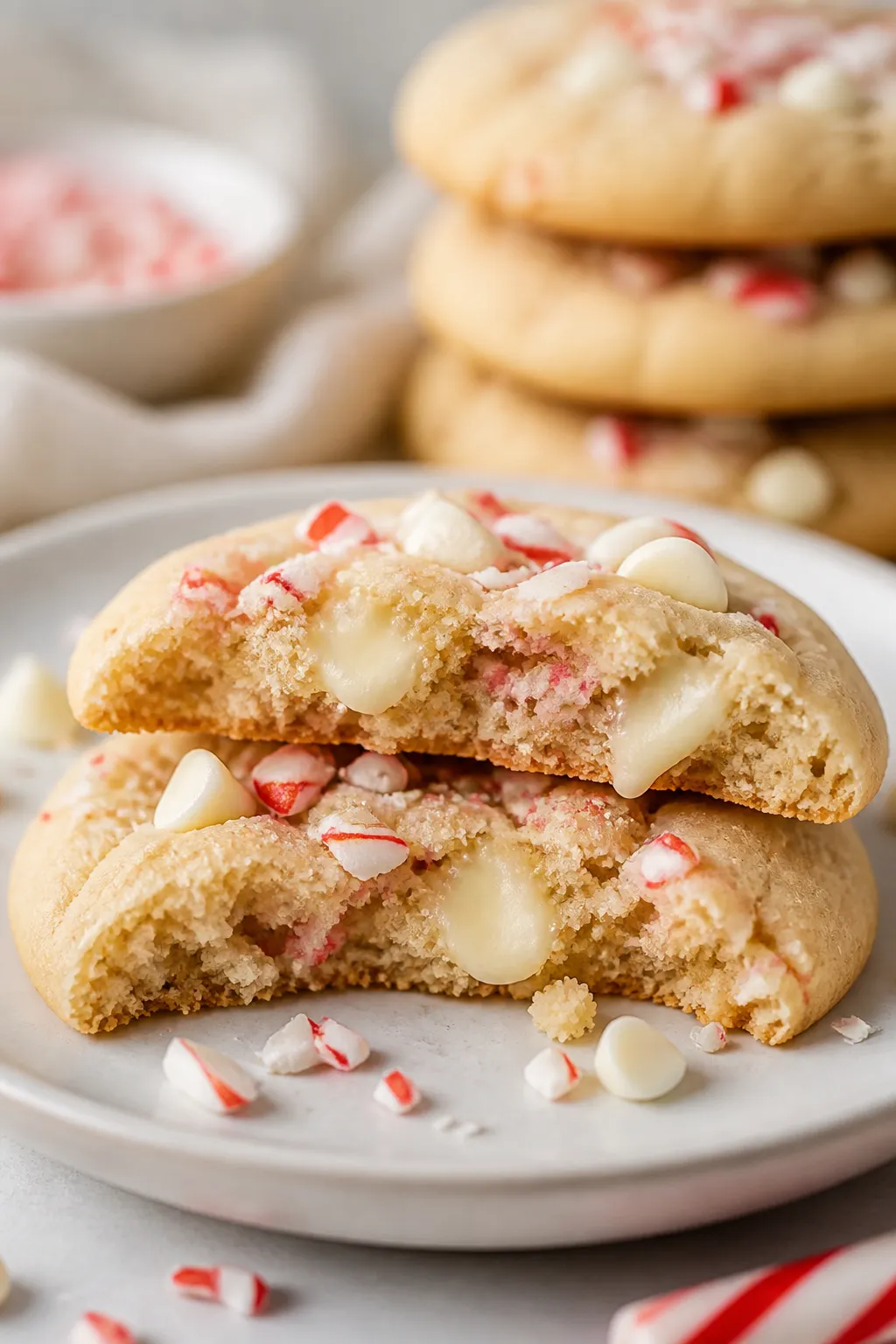 Close-up detail of a single vegan white chocolate peppermint cookie broken in half on a matte white