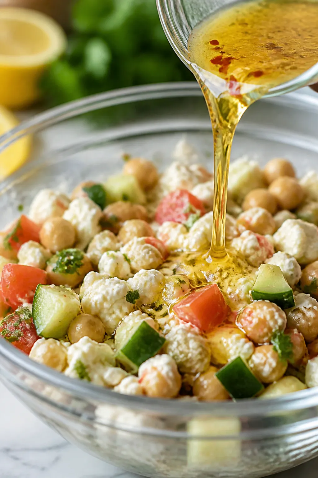 Close-up process detail: dressing being poured over the already combined cottage cheese and chickpea