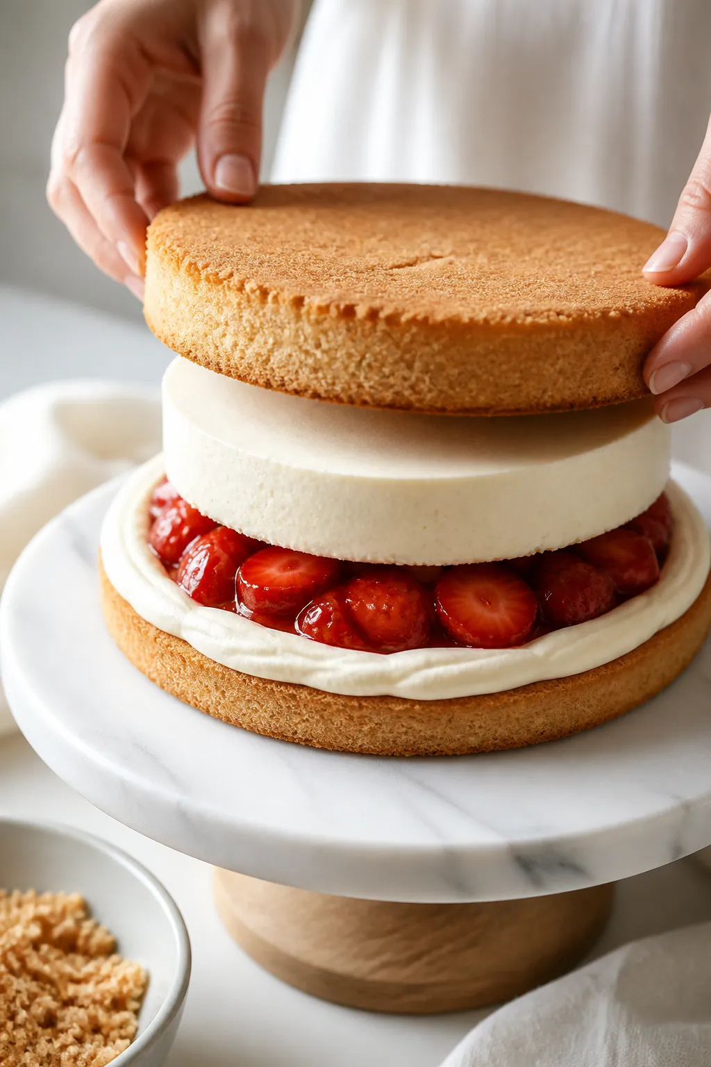 Cooking process close-up: The chilled cheesecake layer being carefully stacked between two baked van