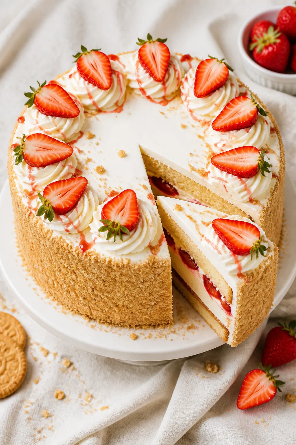 Final presentation overhead: Fully assembled Strawberry Shortcake Cheesecake Cake, smooth whipped cr