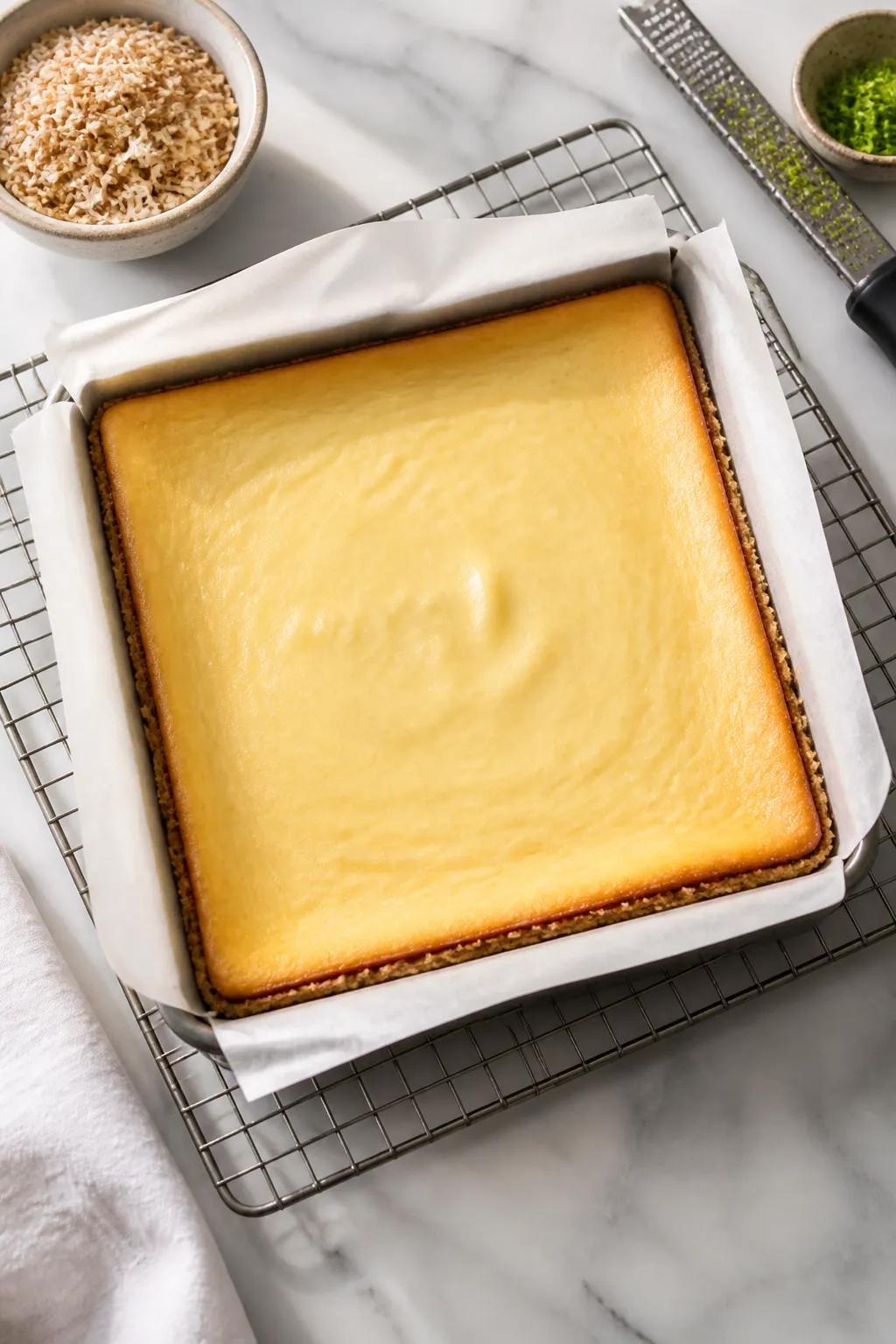 Overhead shot of freshly baked skinny coconut cheesecake bars cooling in an 8x8 pan on a wire rack,