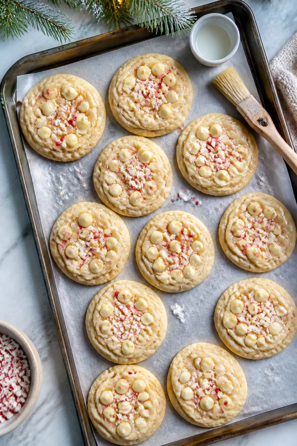 Overhead shot of freshly baked vegan white chocolate peppermint cookies cooling on a parchment-lined