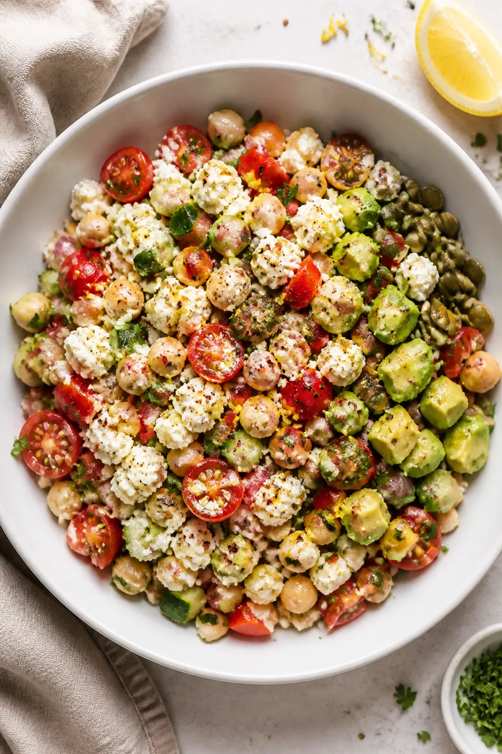 Overhead shot of the prepared High-Protein Cottage Cheese & Chickpea Salad in a wide, shallow white