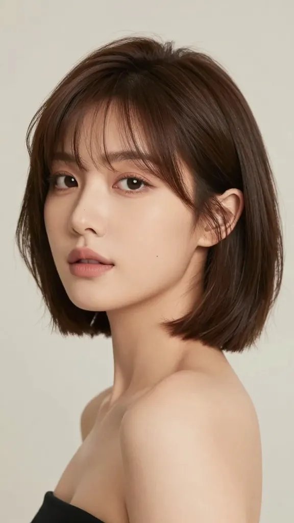 A high-resolution, photorealistic portrait of a stylish woman with a soft A-line bob that skims the jawline and sits just under the chin, creating a clean silhouette that visually lengthens the face. The back of the hair is slightly shorter for a subtle inverted shape at the front to frame the eyes, with gentle layers that add natural movement. The subject has a balanced, slightly angled pose to emphasize the jawline and cheek contours, a soft, natural makeup look that enhances the eyes and keeps the focus on the haircut, and a neutral, softly lit background. The image should convey an effortlessly polished vibe with minimal styling effort, showcasing how this cut flatters a rounder face by creating vertical line illusions and a defined edge. No text on the image.