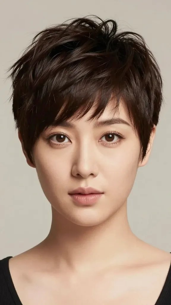A high-resolution, realistic portrait of a stylish woman with a chubby face wearing a classic pixie with subtle layers, captured in soft studio lighting. The hair should have soft crown layers that add height and draw attention upward, with precise but unobtrusive layering around the temples and a slightly longer fringe for versatile face shaping. The texture should appear natural with gentle dimension and no volume spikes, suitable for both straight and wavy textures. The subject should exude effortless confidence and a powerful, chic vibe, with a neutral, flattering backdrop that emphasizes the haircut. No text on the image.