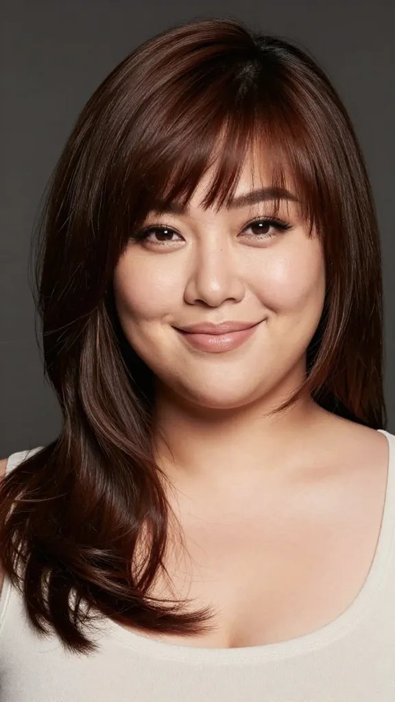 A high-resolution, realistic portrait of a stylish woman with a chubby face showcasing a jawline-defining asymmetrical crop. The hair is cut unevenly, longer on one side near the cheekbone to create a slimming diagonal line, with soft curls on the longer side and a smooth straight finish on the shorter side. The overall look exudes drama with minimal maintenance, framed by a confident, radiant smile. The lighting should be soft yet directional to emphasize cheekbones and the asymmetrical silhouette, capturing subtle shine and texture at the hair tips. The subject should wear light, natural makeup that enhances facial features without overpowering the haircut, and a simple, chic outfit that complements the hair without drawing attention away from the style. The background is blurred to keep focus on the subject, with realistic skin tones, detailed hair strands, and a crisp, magazine-quality finish. No text on the image.
