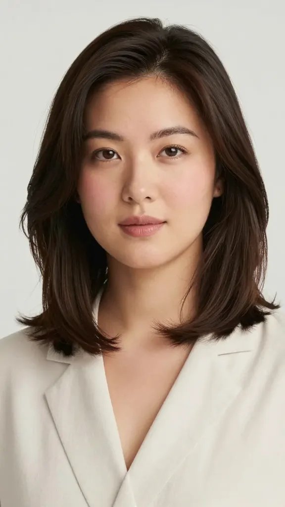 A realistic high-quality photograph of a fashionable woman with a chubby face wearing a smooth, chic shoulder-length lob hairstyle. The hair sits just above the shoulders with a gentle, soft curl at the ends that lifts the eyes and softens the cheeks, showing subtle, natural S-shaped waves created with a curling iron or wand. She has a light, natural makeup look with softly defined eyes and a hint of blush for a rosy glow. Her scalp shows light root lift from a volumizing spray, giving an airy, polished finish. She is styled in a simple, elegant outfit (like a pale blouse or blazer) in a softly lit studio or bright natural light setting, with a poised, confident expression and relaxed finger-combed flow in her hair to avoid a stiff look. The overall vibe is effortless sophistication, emphasizing a versatile length that reads polished and put-together with minimal effort. No text or logos in the frame.