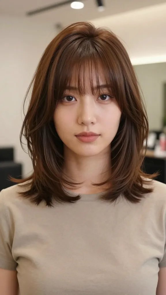 A realistic, high-resolution portrait of a stylish woman with a short layered shag and curtain bangs, standing in a softly lit cosmetic studio. She has a balanced, slightly rounded face that the haircut visually minimizes. Her hair is a cool medium brown with subtle sun-kissed highlights, featuring feathered layers that add movement and bounce, and sheer curtain bangs that frame the forehead and cheeks. The look is modern yet approachable, with texture-friendly stylingProduct sheen visible on the hair to emphasize its healthy, glossy finish. She wears a simple, chic outfit in a neutral tone and natural makeup that enhances her features without masking them. The background is softly blurred to keep the focus on her hairstyle, with warm, flattering lighting that highlights the shag&rsquo;s layers and the curtain bangs. The image should read as a candid, editorial-grade beauty shot, conveying confidence and wearable style. No text on image.