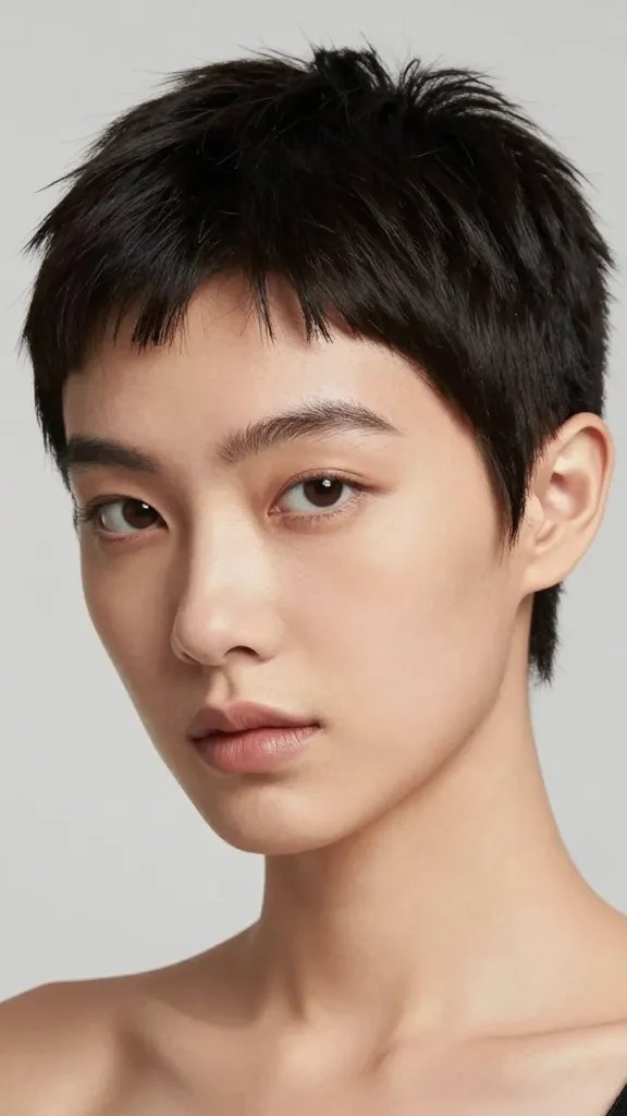 Create a high-resolution, photorealistic portrait of a stylish person with an ultra-cropped hairstyle featuring perimeter fringes. The hair is ultra-short all around the head, with fringe length at or slightly above the eyebrows to open up the brow area. Subtle, crisp edges are defined by a light matte wax to keep the perimeter edges clean. The subject should have eyes and cheekbones that stand out, with minimal emphasis on the cheeks to convey a slimming effect. The face shape should appear oval or heart-shaped, with a confident and bold vibe. The lighting is soft yet directional to highlight the eyes and cheekbones, and the background is clean and neutral to ensure the focus remains on the haircut. The subject should be posing naturally, with a slight tilt of the head and a relaxed expression, no text or branding in the image.