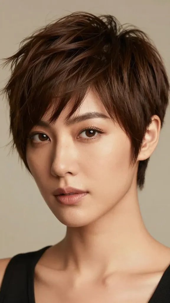 A realistic high-quality portrait of a stylish, confident woman with a choppy pixie cut styled to the side, featuring pronounced crown volume. The hair should be swept dramatically to one side, creating a diagonal eye line that gives the illusion of a slimmer face. The crown volume should be lifted subtly to elongate the face, with a soft, natural shine and textured, tousled crown. She should have a versatile, modern vibe with a touch of bite, wearing minimal makeup to emphasize facial contours and bone structure. The background should be neutral and softly blurred to keep the focus on her hairstyle, with warm, flattering lighting that highlights the hair texture and volume. The overall mood is chic, confident, and approachable, reflecting the hairstyle described: side-swept pixie with volume at the crown, ready to style with light hold spray for shape. No text on image.