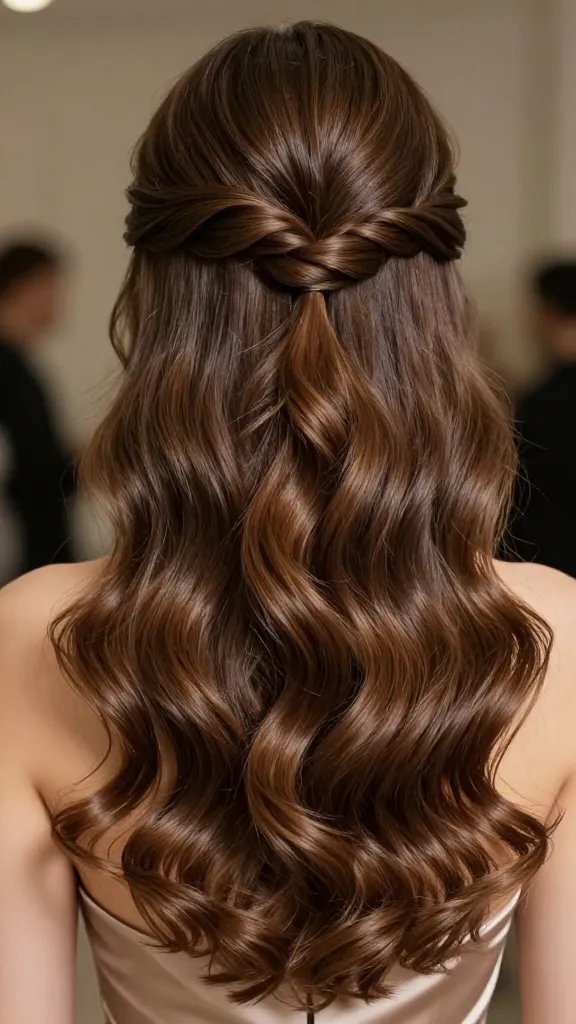 A close-up, high-resolution photo of a fashionable woman with a soft, glamorous half-up half-down hairstyle called "Whispered Glam: The Soft Swirl Half Up Half Down." The look features a gentle twisted crown create a delicate swirl at the crown, with the rest of the hair smoothly flowing in glossy, bouncy waves to the shoulders. The hair has a natural, luminous shine and flawless smoothness, with minimal flyaways tamed by a lightweight styling cream. Subtle lift at the crown achieved by light backcombing, giving a hint of volume without volume overload. The lighting is soft and flattering, emphasizing the shine and texture of the hair. The subject wears a chic, elegant dress neckline that complements the hairstyle, appropriate for a dance floor setting, with a sophisticated, runway-ready vibe. No text or logos on the image.