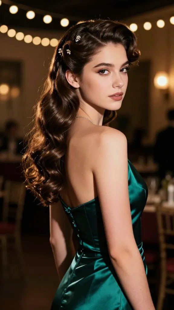 A high-resolution, cinematic portrait of a fashionable high school or college prom attendee in an elegant vintage-inspired half-up, half-down hairstyle. The hair features a gentle retro roll at the crown, softly swept-back, with loose, glossy waves cascading down the back and shoulders. The look exudes old Hollywood glamour with a modern twist: subtle shimmer in the hair, delicate, understated accessories (like a small vintage pin or dainty crystal clips) placed to enhance rather than overpower. The subject stands in a dimly lit, atmospheric prom venue with bokeh string lights in the background, wearing a sophisticated, floor-length satin gown in a rich jewel tone (emerald or deep sapphire) and minimal yet glowing makeup. The overall mood is timeless, confident, and photogenic, with the subject looking slightly off-camera, a poised, glam warrior energy. Realistic textures: hair shine, soft curls, fabric drape, and warm ambient lighting. No text on the image.