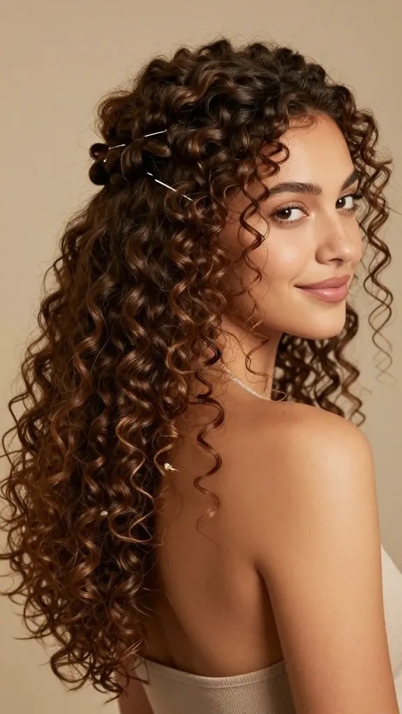 Create a high-resolution, photo-realistic portrait of a young woman with medium-to-long curly hair styled in a romantic half-up half-down arrangement: the front curls gathered into a soft, delicate twist secured with a small clear elastic at the back crown, while the rest of the voluminous curls cascade freely over shoulders and down the back. The front twists should subtly frame the face with defined, bouncy curls, and the back should show lush, well-defined ringlets with natural shine. Include a couple of small bobby pins matching her hair color placed discreetly near the elastic to keep the twist in place. The setting is a softly lit, indoor portraits studio with warm, flattering light, a neutral backdrop, and a shallow depth of field that softly blurs the background while keeping the subject crisply in focus. The subject should be facing slightly to one side (about 45 degrees), eyes softly looking toward the camera, with a gentle, natural smile. Ensure the hair texture looks authentic with individual curl definition, volume, and subtle frizz-free finish typical of well-maintained curls. No text anywhere in the image.