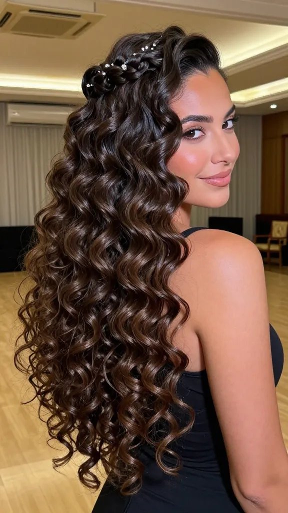 A high-resolution, photorealistic portrait of a woman with medium to long curly hair styled in a half-up, half-down fishtail twist. The crown is cinched into a delicate fishtail twist, with the remaining voluminous curls cascading down in defined, bouncy ringlets. Subtle micro jewels are woven into the twisted crown for a touch of sparkle. The setting is a glamorous indoor venue with warm, flattering lighting—balanced air conditioning visible in a modern, elegant ballroom ambiance, and a hint of a classic dance floor in the background. The subject looks confidently toward the camera with a soft smile, natural makeup that enhances her curls, and a chic, stylish outfit that complements the hairstyle. Realistic textures: shiny hair with defined strands, gentle shimmer from the jewels, and realistic skin tones. No text on the image.