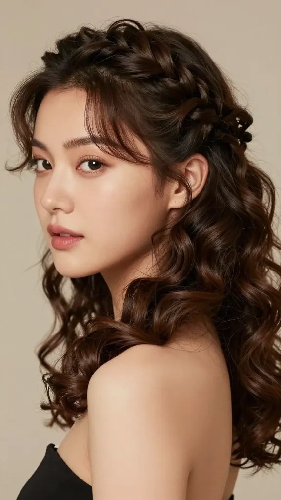 A realistic, high-quality close-up portrait of a woman with a hairstyle described as side-swept curls with a front halo twist. The front halo twists frame her face, forming a delicate, softly twisted halo just above ear level, allowing the rest of her curls to cascade freely behind her. The side-swept curls create a glamorous silhouette from the side and back, with defined, glossy ringlets and natural volume. The setting is a softly lit, neutral studio backdrop to emphasize the hair details and the subject&rsquo;s facial features, with subtle, warm tones. The subject has a calm, confident expression, minimal makeup to highlight natural beauty, and the halo twists pinned discreetly above the ear as described. The overall mood is romantic and elegant, capturing a modern half-up, half-down hairstyle from a flattering, high-resolution camera angle. No text on the image.