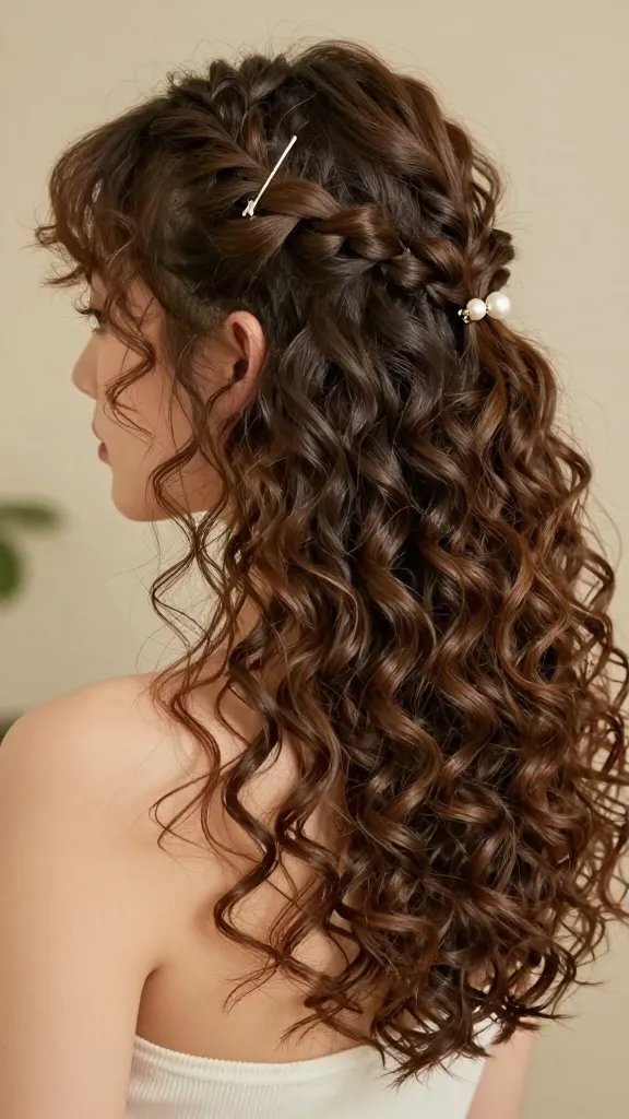 A photorealistic, high-resolution image of a stylish young woman with medium-length curly hair styled in double half-up braids, featuring two neat mini braids pulling back from the temples and secured with a small metallic pin and a pearl clip, leaving lush, glossy curls cascading down the rest of the head and neck to keep hair off the neck in the front and back view; soft natural lighting, warm tones, subtle bokeh background, focused on the texture of curls and the chic accessory details, no text or logos.