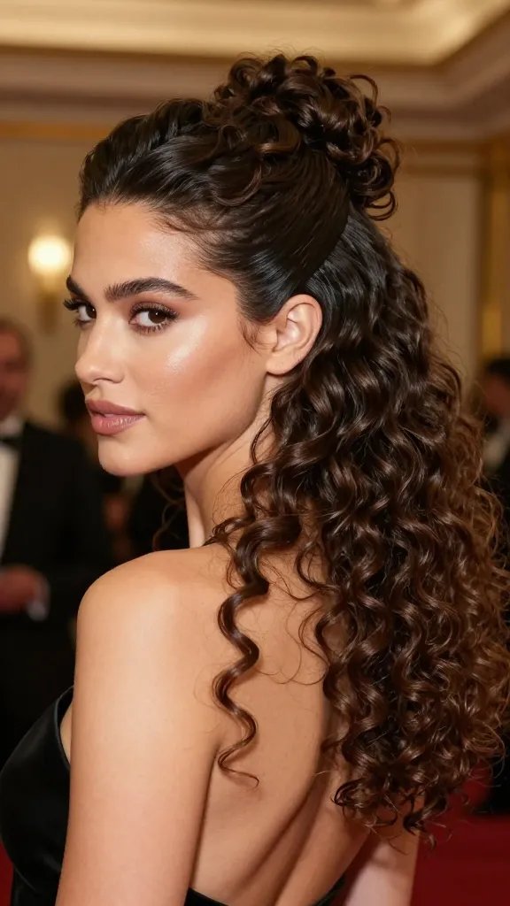 Create a high-resolution, realistic photo of a woman with a curly bouffant half-up hairstyle as described: a subtle, voluminous bouffant at the crown for lift, with a hidden half-up style that is sleek and modern. Ensure the back crown has light backcombing for height, while the rest of the hair falls in soft, defined curls down the back and sides. The look should be polished yet natural, suitable for an evening event, with the hidden half-up section neatly secured and discreet. The setting is elegant and sophisticated, with warm, flattering lighting that enhances the texture and shine of the curls. The subject is the main focus&mdash;clear, detailed facial features, radiant skin, and confident expression, against a softly blurred backdrop that suggests a chic venue or upscale interior. No text on the image.