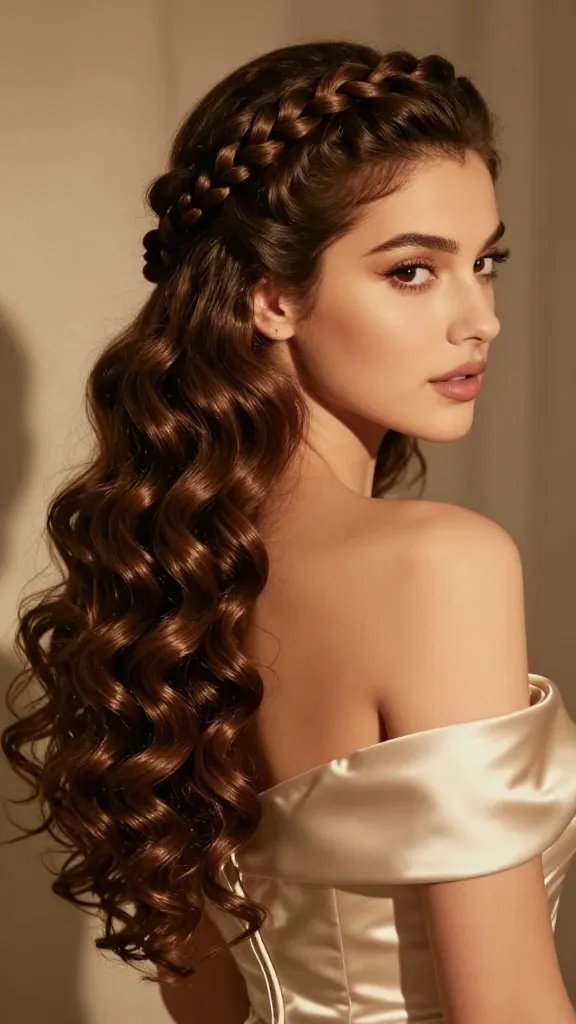 Create a high-resolution, hyper-realistic portrait of a young woman with romantic, Old Hollywood-inspired styling featuring a prominent rope braid that starts at the crown and travels down the back, guiding a cascade of voluminous curly hair. The braid should appear slightly oversized for a bold look, with a few curls peeking out along its length to add texture and depth. The remaining curls flow gracefully over one shoulder in soft, glossy waves, with a subtle, natural shine. The overall vibe is elegant yet modern, with warm, golden-hour lighting that enhances the rich brunette tones and the glossy curl texture. The subject should have classic makeup with defined eyes and a soft lip, and wear a timeless, elegant outfit (such as a satin off-the-shoulder dress) against a neutral, softly blurred backdrop to keep the focus on the hairstyle. No text on the image.
