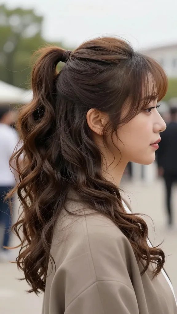Create a high-resolution, hyper-realistic photograph of a young woman with a polished half-up ponytail hairstyle featuring soft curls. The top half is gathered and secured loosely at the back of the crown with a subtle, seamless hair tie, while the ends of the hair below are curled away from the face to create a flattering frame. The ponytail should have gentle volume with defined curls, and the rest of the hair should cascade in loose waves down the shoulders. The setting is an outdoor venue on a breezy day; light wind should subtly lift a few strands, but no stray hairs should distract from her face. The subject has natural makeup, minimal accessories, and wears a chic, lightweight outfit suitable for outdoor events. The image should be a natural, candid-looking portrait with soft, flattering lighting and a shallow depth of field to keep the focus on the hairstyle and the subject’s face. No text on the image.