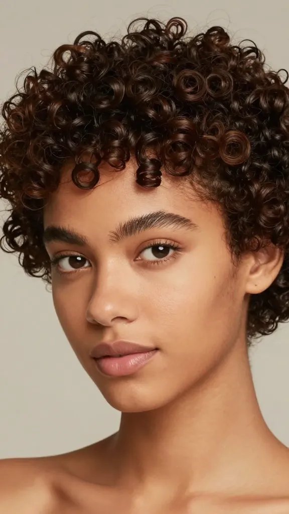 A high-resolution, candid-style portrait of a person with a crown thick curls hairstyle: a crown of defined, glossy curls sits atop the head, with a soft side halo sweeping around the temple to keep one side open for face framing. The subject is photographed from a flattering three-quarter angle, showing volume at the crown and smooth framing of the face on the open side. Subtle, natural makeup emphasizes fresh skin and eyes, while the rest of the look remains polished yet effortless. Lighting is soft and diffused, highlighting the curl texture and shine without frizz, and the background is a neutral, softly blurred studio backdrop to keep full focus on the hairstyle. The overall mood is confident, approachable, and modern. No text on the image.