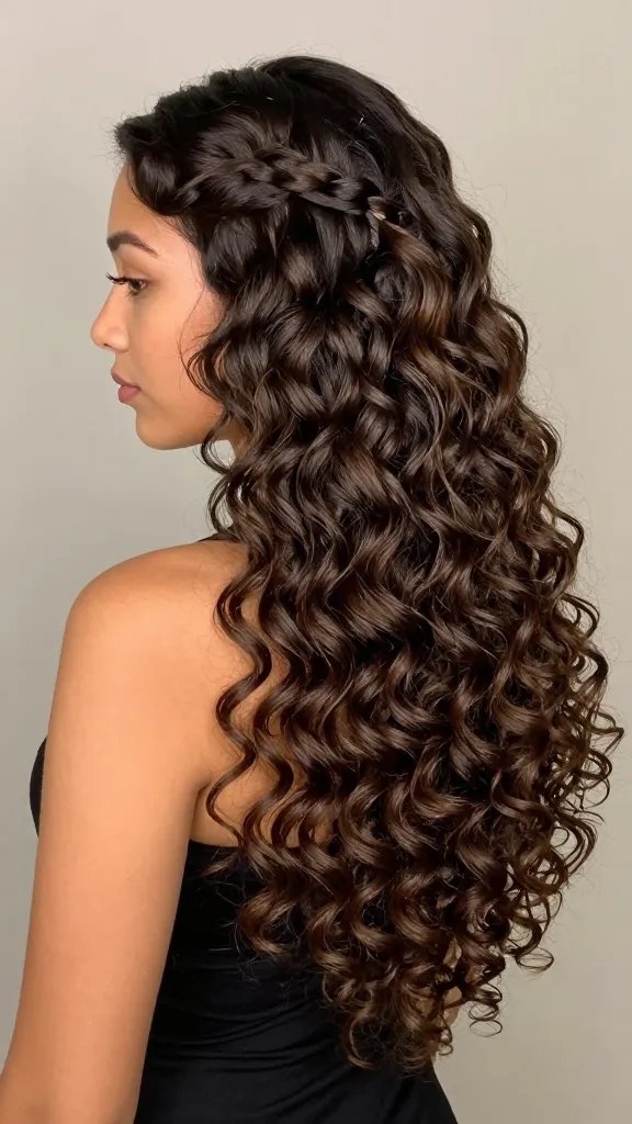 Create a hyper-realistic, high-resolution photograph of a single female subject styled in a 21 Prom Hairstyles Half Up Half Down Curly Front, Back, Side Views look, specifically showcasing the "Back-Cascade with Frontal Twist Accent" section. The subject should be centered, facing slightly to the left, with a lush, voluminous cascade of curly hair down the back that transitions into defined, bouncy curls from the mid-back to the ends. In the front, twist a small strand of hair into a delicate accent at the temple or near the hairline, creating a focal point that contrasts with the flowing back. The twist should be light and secure, using a few barely visible, tiny pins that do not flatten the curls behind. The overall silhouette should balance dramatic front texture with a flowing back cascade, conveying movement and dimension. Use natural lighting to highlight shiny, well-defined curls, with soft shadows and a neutral, slightly warm backdrop. The subject’s makeup should be subtle and flattering, and the hairstyle should look polished, modern, and salon-quality. No text on the image.