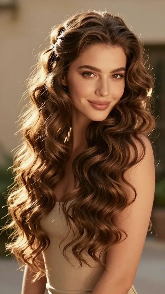 Create a hyper-realistic, high-resolution portrait of a female model with a half-up, half-down hairstyle. The top half is softly pulled back and secured with a delicate, barely-there clip, while the lower half cascades into waist-deep, mermaid-like waves with defined, springy curls. The face should be framed by gentle front curls that accentuate the cheekbones, giving a romantic, fairy-tale vibe with a contemporary twist. The hair should have a glossy, sunlit shine to make the waves pop in photos, with a subtle, natural makeup look and a soft, ethereal glow on the skin. The setting is a warmly lit studio or outdoor garden at golden hour, with neutral, unobtrusive background tones to keep the focus on the hairstyle. The model should exude elegance and confidence, with a slight, dreamy smile and direct gaze toward the camera. Full body or waist-up composition, high dynamic range, ultra-detailed textures in hair and skin, no text or logos in the image.