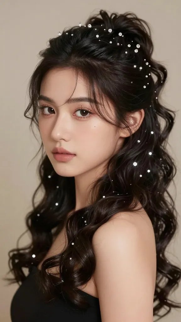 A high-resolution, naturalistic portrait of a young woman with medium-length, glossy dark hair styled in a spun curl half updo, featuring delicate crystal pins arranged along the crown spaced about an inch apart to create even sparkle. The updo gathers soft, bouncy curls at the back with the remaining strands cascading in loose, defined spirals around the face. The crystals catch subtle light, producing tiny glints and a magical, ethereal glow. She stands in a softly lit, neutral-toned studio with a shallow depth of field that gently blurs the background, emphasizing the texture of the spun curls, the shine of the pins, and the elegance of the hairstyle. The subject has natural makeup, a calm, confident expression, and direct eye contact with the camera. No text or logos in the image.