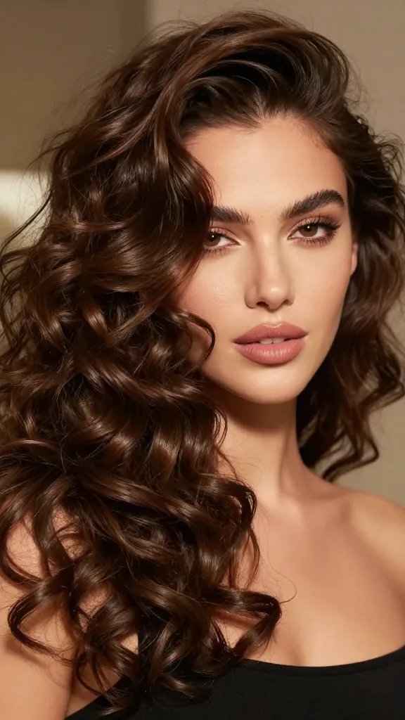 A high-definition, photorealistic portrait of a stylish woman with glossy, soft side-swept curls framing her face. The curls should be voluminous yet natural, sweeping to one side with a flirty, camera-ready vibe. Her makeup is polished and sophisticated with a youthful glow, and she has a confident, approachable expression. The lighting is warm and flattering, enhancing the curl texture and the subtle shine of a flexible-hold spray finish. The background is softly blurred to keep the focus on her face and hairstyle, with no text or distractions in the frame.
