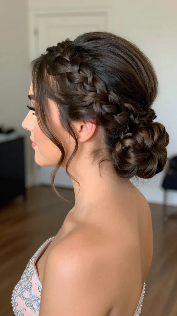 Create a high-resolution, realistic photo of a young woman with a glamorous 21 Prom hairstyle: a slim, neatly braided front panel hugging the face, transitioning into pulled-back hair at the crown with dramatic back volume. The back should look full and rounded, creating a strong, structured silhouette that holds its shape. The braid should be tucked into the back to hide the ends for a seamless finish. The hairstyle should be paired with soft, elegant prom makeup and a stylish evening dress, shot in a softly lit, upscale indoor setting with a shallow depth of field to keep the focus on the hairstyle and the model’s features. No text on the image.