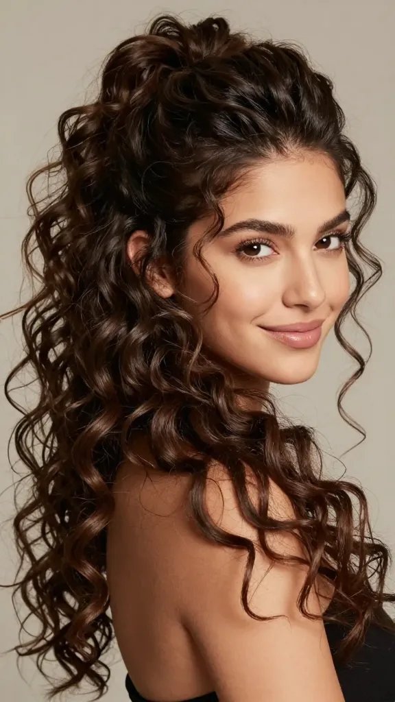 Create a high-resolution, hyper-realistic portrait photo of a young woman with a confident, relaxed pose, featuring a dramatic high half-up hairstyle with loose, cascading curls. The top section is swept up and secured to create substantial volume at the crown, while the rest of the hair flows down in soft, natural curls around her shoulders. The overall look is carefree yet refined, with glossy, defined curls, smooth scalp lines, and subtle shine on the hair. The lighting is soft and flattering, highlighting the height and texture of the crown and the length of the loose curls. The subject has clear, vibrant skin, natural makeup, and a calm smile, standing against a neutral, slightly blurred studio backdrop to emphasize the hairstyle. The image should convey a sense of effortless glamour and comfortable confidence, with no text visible in the scene.
