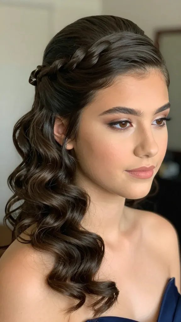A close-up, ultra-high-resolution portrait of a high school prom attendee from the article title, styled with a sharp side part and a crown twist that creates a dramatic, editorial look under soft prom lighting. The hair features a defined crown twist on the swept-back side, with voluminous curls cascading down the back and a clean, sleek side part that emphasizes symmetry. Natural makeup with a luminous finish, subtle eyeshadow, and a soft lip to keep the focus on the hairstyle. The scene is elegant and polished, shot in a realistic, magazine-quality portrait style with shallow depth of field to blur the background softly, ensuring the hairstyle and face are crisply in focus. No text on the image.