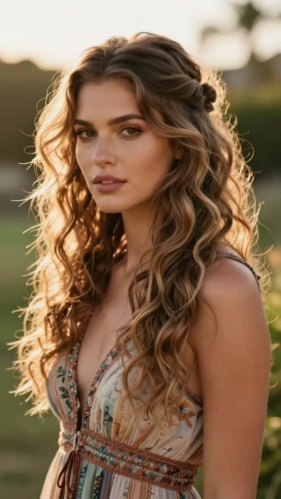 Create a high-resolution, hyper-realistic portrait of a single female prom model with a Boho-inspired half-up hairstyle. The front strands are feathered and airy, softly framing the face with voluminous waves that maintain a light, breezy texture throughout the night. The half-up section is relaxed and chic, subtly pinning back the crown while the remaining curls cascade in loose, natural waves. The setting is a sunlit garden or beachy prom scene at golden hour, with warm, natural lighting that enhances the soft waves and feathered front pieces. The model should have a serene, confident expression, wearing a bohemian-inspired prom dress with earthy tones or pastel accents, and minimal accessories to keep the focus on the hairstyle. The overall look reads effortless and free, suitable for an outdoor prom, with a shallow depth of field to gently blur the background while keeping the hairstyle crisp and detailed. No text on the image.