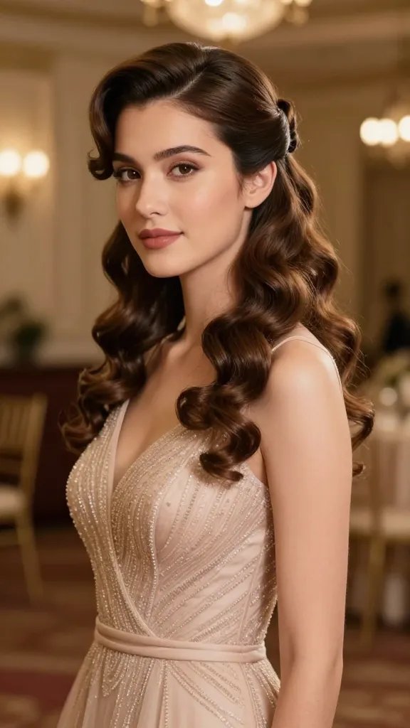 A high-quality, photorealistic portrait of a single female prom attendee in a classic half-up hairstyle with curled ends. The subject stands in a softly lit ballroom setting with warm, flattering lighting and a blurred, elegant background. She has smooth, medium-length hair styled into a half-up twist, with loose, voluminous curls cascading at the ends. The top section is gently pulled back and secured, allowing the curls to frame her face. She wears a timeless, elegant prom dress in a muted champagne or blush tone with delicate beading, and subtle makeup that emphasizes a natural, radiant look. The overall mood is timeless, photogenic, and poised, capturing the classic half-up with curled ends and a contemporary twist. No text on image.