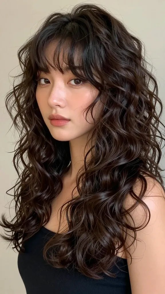 A high-resolution, photorealistic portrait featuring a stylish woman with an asymmetrical half up hairstyle. The front curtain fringe is soft, slightly teased for gentle movement, framing the face with a wispy, voluminous curl. The half-up portion is gathered loosely to one side, creating a diagonal, asymmetric balance that adds edge to the look. The rest of the hair falls in defined, glossy curls down the back and sides, showcasing texture and bounce. The lighting is natural and flattering, highlighting the curl definition and the soft fringe. The background is neutral and unobtrusive, focusing attention on the subject&rsquo;s face and the distinctive half-up, front-fringe curl style. The subject&rsquo;s expression is confident and relaxed, with subtle makeup to enhance features without overpowering the hairstyle. No text in the image.