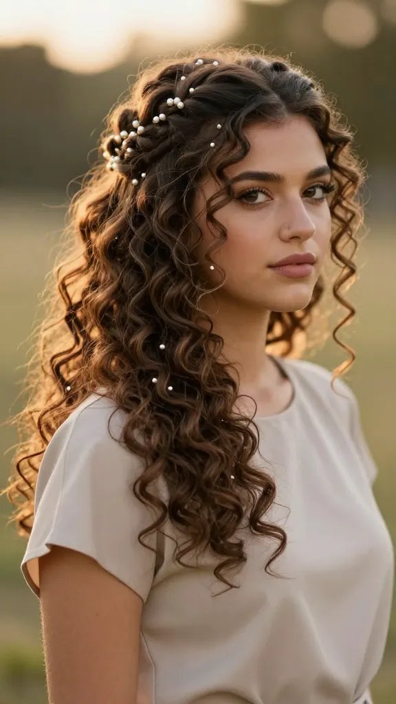 A high-resolution, naturalistic portrait of a young woman with shoulder-length curly hair, styled in a half-up, half-down look featuring back curls flowing into a softly voluminous lower half. The back section is accented with delicate, tiny pearl pins arranged in a subtle, elegant pattern, adding a touch of glam without overpowering the hairstyle. The front sections frame the face with loose, bouncy curls that catch gentle light, highlighting the texture and shine. She is dressed in a festival-ready, chic top in neutral tones and stands against a softly blurred outdoor backdrop with warm, golden-hour lighting. The overall mood is sophisticated and wearable, suitable for photos and real-life occasions, with the pearls appearing small, luminous, and securely placed. No text on the image.