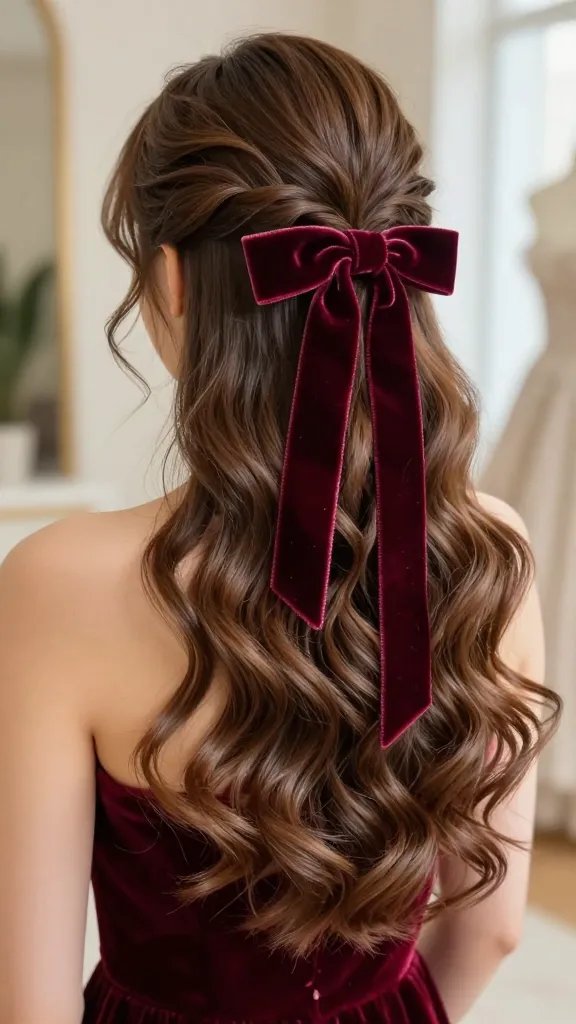 Generate a high-resolution, photorealistic portrait of a young woman with a half-up, half-down hairstyle featuring a velvet ribbon tied neatly at the crown. The upper crown should have soft, voluminous curls creating dimension and drama, with the remaining hair cascading in loose, glossy waves. The velvet ribbon, rich in color (choose a shade that harmonizes with the subject’s dress and hair), should be tied into a tidy bow at the back/top center, with subtle texture visible to emphasize the luxurious feel. The setting is natural light indoors, with a softly blurred background suggesting an elegant, dressy environment. The subject wears a complementary, coordinating outfit that enhances the ribbon’s color, and her makeup is fresh and balanced to highlight the hairstyle. Ensure realistic skin tones, detailed hair texture, and accurate reflections on the velvet ribbon, capturing a polished, adorable, and harmonious look suitable for a fashion-forward editorial. No text on the image.