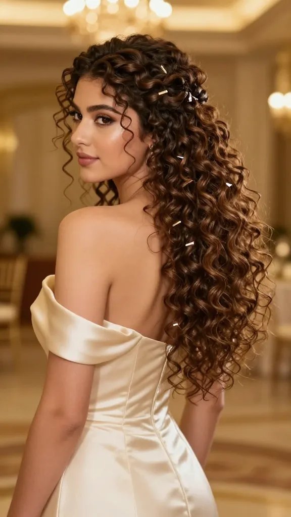 A high-resolution, realistic portrait of a glamorous prom scene featuring a young woman with voluminous, curly half-up hair cascading from a lush crown and flowing into loose, bouncy curls down the back, secured with minimalist metallic clips. She stands in an elegant, softly lit ballroom backdrop with warm golden tones, wearing a sleek, strapless or off-the-shoulder formal gown in a dazzling color that complements her hair. Natural makeup with a radiant glow, defined eyes, and soft lipstick. The hair looks glossy and defined, with air-dried, natural curl texture and a light hold spray finish for lasting bounce. No visible text or logos. The image should convey a grand yet effortless prom-night vibe, with the hairstyle as the focal point, and no captions or watermarks.