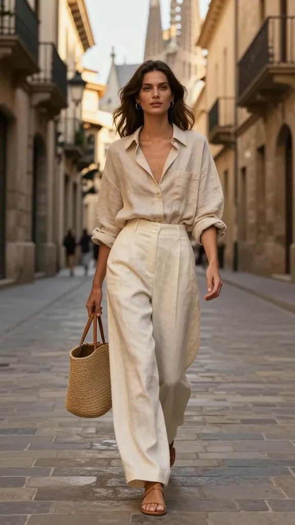 A high-resolution lifestyle fashion photograph of a stylish woman walking through the Gothic Quarter of Barcelona, embodying a coastal chic vibe. She wears a cream wide-leg linen blend trouser set with an oversized sand-toned linen shirt, half-tucked for an effortless silhouette, sleeves casually rolled. She accessorizes with tan strappy sandals, a straw tote, and minimal gold hoop earrings. The look is light and airy with soft, sun-kissed tones that glow against warm stone and narrow cobblestone streets. The backdrop features sunlit façades, quaint balconies, and a hint of La Barceloneta’s breezy coastal vibe, with the Sagrada Família softly in the distance as the golden hour light paints the scene. The subject exudes relaxed confidence, steps mid-stride, hair natural and glowing, capturing a stylish day-to-night transition from daytime wandering to sunset cocktails. No text on image.