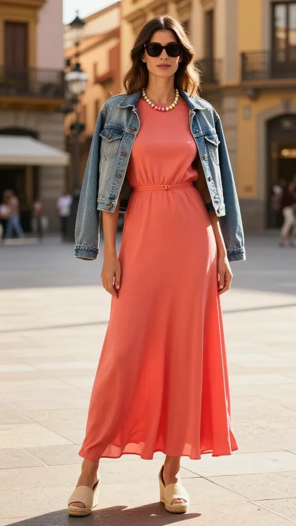 A high-resolution, sunlit street portrait of a tall, stylish woman standing in a sun-dappled plaza in Barcelona, wearing a vibrant coral maxi dress that falls to the ankles with a flattering, flowing silhouette. She pairs it with a light-wash denim jacket draped over shoulders, woven espadrille wedges, and bold, chunky statement sunglasses. A delicate beaded necklace in bright ceramic or multicolored beads rests just above the neckline. The look is balanced by minimal accessories, and if she&rsquo;s tall, a slim waist belt subtly cinches the dress to create definition. The backdrop features colorful Barcelona architecture with warm golden hour light, soft shadows, and a hint of Rambla de Catalunya activity in the distance. The overall mood is confident, chic, and summery, with the subject commanding the corner of El Born as she strolls or pauses to glance to the side, capturing a candid-but-polished fashion moment. No text on the image.