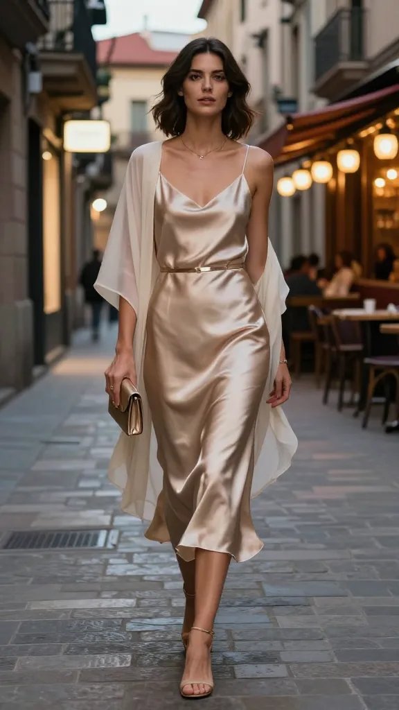A high-resolution, cinematic fashion photograph of a stylish woman exploring El Born at twilight in Barcelona, wearing a champagne silk slip dress that drapes softly on her figure. She pairs it with a lightweight, sheer shawl casually draped over one shoulder, a thin metallic belt at the waist, and delicate strappy heeled sandals. She carries a small statement clutch, and a simple delicate necklace rests at her collarbone. The lighting captures the dress’s luminous sheen as it catches warm streetlight and the subtle glow from nearby tapas bars, with narrow cobblestone streets, boutique storefronts, and red-tiled rooftops in the background. The overall mood is sophisticated, night-ready, and effortlessly chic, with natural, relaxed posing that suggests a stroll through Barcelona’s El Born district. No text visible in the image.