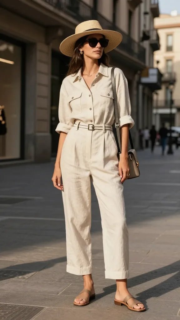 A high-resolution, sun-drenched editorial photo of a stylish woman in urban Barcelona heat, wearing a light cotton-tencel utility jumpsuit cinched at the waist with a sleek belt to create shape. She stands confidently on a sunlit city street near modern gallery architecture, with soft golden hour light casting long shadows. Accessories include wide-brim straw hat perched slightly back on her head, minimal jewelry, oversized sunglasses resting on the brim, and a structured crossbody bag with subtle hardware. She wears flat sandals or slide mules, sleeves rolled up, and a clean, effortless silhouette that transitions from day to night. The background hints at architectural details and a hint of street activity, conveying a chic, practical, and versatile city outfit perfect for touring and gallery visits. The overall mood is cool, sophisticated, and effortlessly stylish with natural textures and a cohesive color palette. No text in the image.