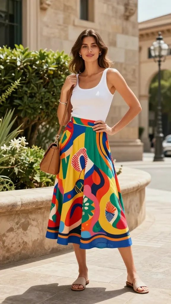 A sunlit, high-fashion editorial shot in front of the Picasso Museum’s limestone walls and lush greenery, featuring a stylish woman as the main subject. She wears a bold, vividly printed midi skirt with a large, colorful motif that sways just below the knee, paired with a crisp white fitted tank top tucked to define the waist. The look is completed with neutral flat sandals and a tan crossbody bag slung casually over one shoulder, plus a simple silver bracelet on one wrist. The pose is poised and confident: one hand resting on the hip, the other lightly holding the strap of the bag, with a soft, natural smile. The lighting is warm and midday, casting gentle shadows that enhance the skirt’s print and create a sense of summer vacation chic. The background includes the museum’s architectural detail and some classic Barcelona street elements, ensuring a stylish, travel-ready aesthetic. No text on the image.