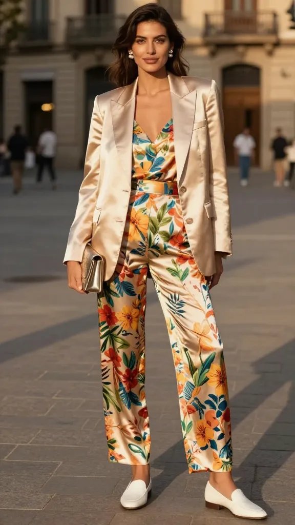 A high-resolution editorial photo of a stylish woman posing in a sunlit Barcelona street. She wears a silky champagne satin blazer draped over a playful floral print jumpsuit, relaxed and unstructured at the silhouette. She pairs the look with white slip-on loafers or pointed flats, a delicate string of pearl stud earrings, and a small metallic clutch for a subtle gleam. The scene captures a chic business-casual mood with vacation glow: natural, confident stance, slight smile, and relaxed shoulders. Soft, golden-hour light highlights the satin sheen of the blazer and the vibrant print of the jumpsuit, with backdrop hints of Barcelona architecture and warm pavement bokeh. The overall vibe is fearless, effortless elegance suitable for dinner and daytime strolling, no text on image.