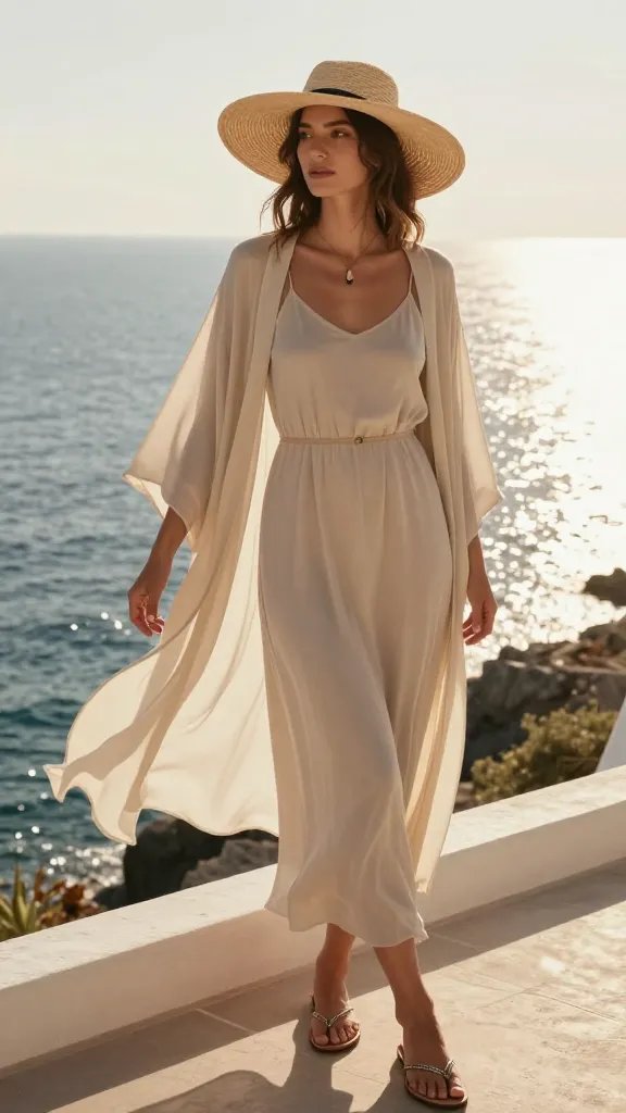 A sunlit cliffside balcony at golden hour overlooking a sparkling Mediterranean sea, featuring a stylish woman as the main subject from the article title. She wears a simple neutral slip dress layered with a sheer, soft-colored kimono that flows with the sea breeze, creating gentle volume. She pairs flat sandals with delicate metallic accents and a wide-brim straw hat casting a graceful shadow. A slim pendant necklace sits at her collarbone and a slim belt cinches the waist, adding subtle definition. The scene captures movement in the kimono, warm tones, and a dreamy, vacation-ready vibe with soft, natural makeup and loose waves. No text on the image.