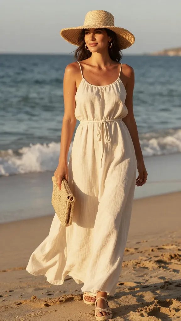 A sunny seaside setting at golden hour with a stylish woman standing on warm sand near gentle waves, wearing a cream lightweight linen-blend maxi dress that breathes and flows, loosely cinched at the waist with a thin belt to create soft shape without bulk. She pairs the dress with natural strappy espadrille sandals, a wide-brim straw hat casting a flattering shade across her face, and a raffia clutch tucked under one arm. Delicate gold hoop earrings catch the sunlight as she smiles subtly, sunscreen visible on her shoulders for a sun-safe, carefree vibe. The look exudes effortless vacation chic, suitable for transitioning from a beach stroll to a tapas bar at sunset. Natural, warm tones, soft breeze motion in the dress, no heavy layering, no text on image.