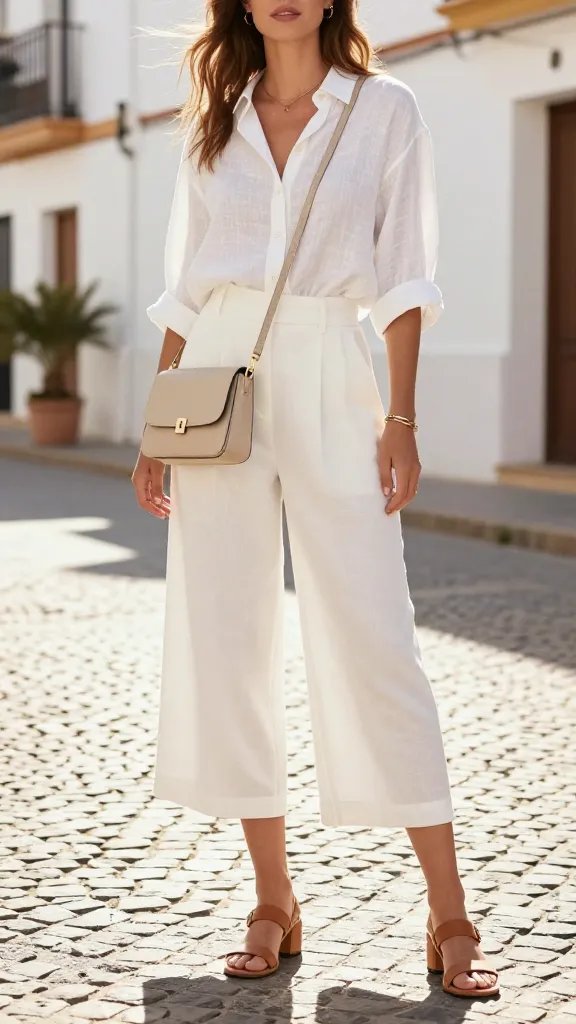 A high-resolution, sunlit street-style editorial photo of a stylish woman in Spain during July, wearing an all-white ensemble perfect for hot weather. The main subject stands on a cobblestone pedestrian street with soft golden hour lighting, a breeze catching the fabric. She wears a white linen-blend button-down blouse with slightly rolled sleeves, tucked into high-waisted white culottes that flow just below the knees. On her feet are tan leather sandals with a low block heel. She carries a beige crossbody bag with minimal hardware, worn across the body to the side. Accessories are understated: a slim gold bracelet stack on one wrist and no other visible jewelry. The backdrop features sunlit whitewashed buildings, Mediterranean vibes, and a hint of greenery in planters. The overall mood is crisp, fresh, and effortlessly chic, with clean lines and a relaxed, date-night friendly appeal. No text or branding visible in the image.