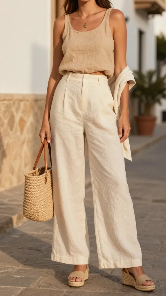 A high-resolution mid-shot of a stylish woman standing in a sunlit Mediterranean street, embodying "Spain Summer Outfits for July." She wears a cropped linen-blend top in sand paired with high-waisted wide-leg linen trousers in cream, barefoot to cue breezy comfort, with espadrille wedge sandals styled beside her feet. She carries a cane tote in natural straw and wears a minimalist pendant necklace. The lighting is warm golden hour, casting soft shadows, textures emphasized on the linen fabric. The top’s neckline is simple to balance the wide-leg silhouette, and a lightweight cardigan is casually tied at the waist in the background as an optional layering hint. The composition is clean and modern, with a shallow depth of field to keep the subject sharp while subtly blurring a sunlit stucco wall and potted plants in the background. No text on image.